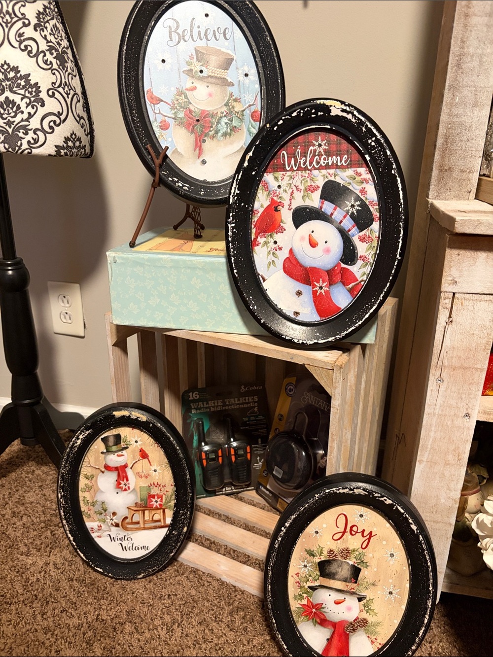 Set of 4 Holiday Snowman Wall Light Up Art Set - Black Frame